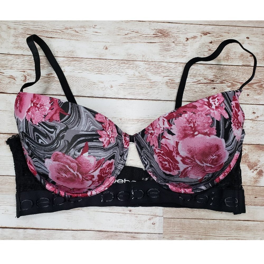 BEBE 36D Black and Pink Floral Pushup Underwire Lace Back Intimates Bra Marbled